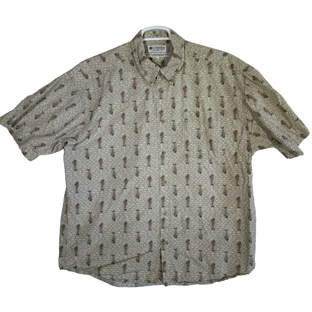 Columbia Men’s XL Brown Fish Skull Print Short-Sleeve Button-Down Shirt M592